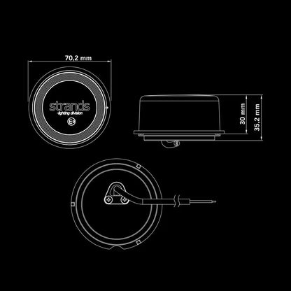 Strands FOR9T Geo Outline Marker Lights: Technical drawing showing top, side, and bottom views with dimensions. Features concentric rings, logo, E9 mark, mounting plate, and wiring.