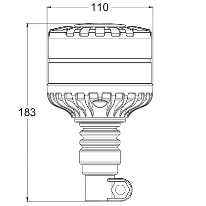 Smoked Warning Beacon LED X-SPIDER, engineering-style line drawing showing 110mm width, 183mm height, aluminum heat-sink fins, lens assembly, and pivoting mounting bracket.
