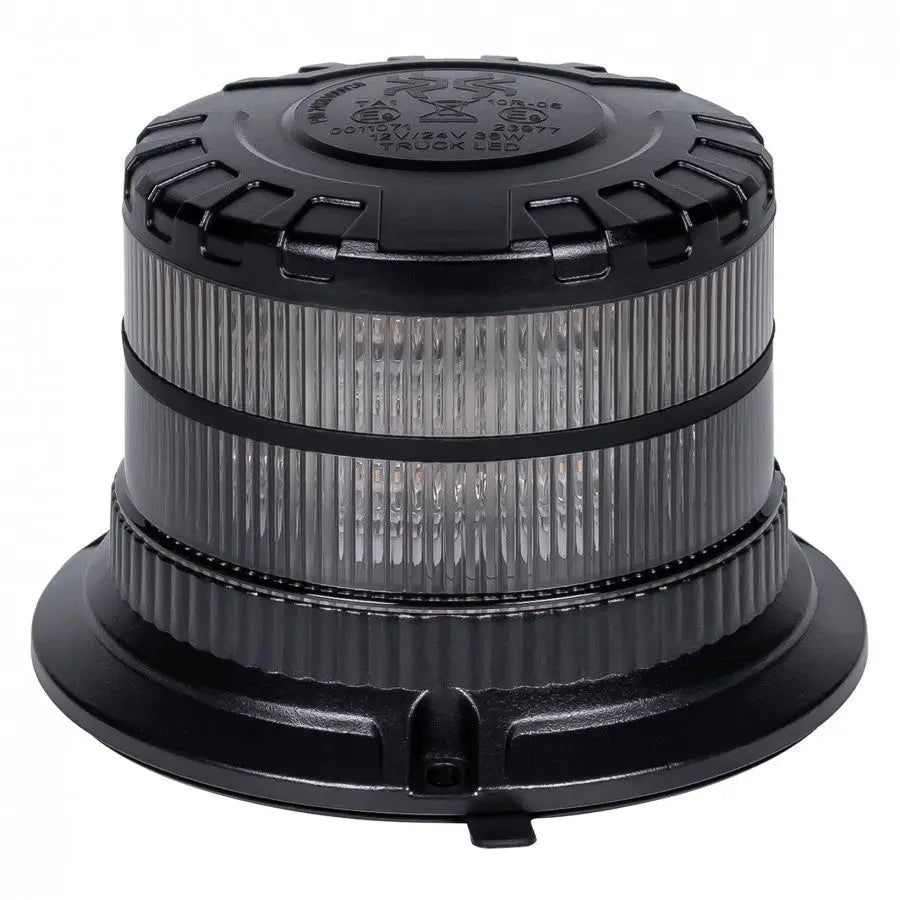 Smoked Warning Beacon LED X-SPIDER with ribbed lens, black housing, features 16 amber LEDs, magnetic/Flexi-DIN mounts, IP69K-rated for trucks and emergency vehicles.