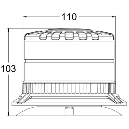 Line drawing of the Smoked Warning Beacon LED X-SPIDER, showing cylindrical body, inlet flange, protective louvre, with dimensions 110mm wide by 103mm tall.